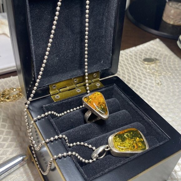 925 Sterling Silver Amber Set – Signed SO – MJI Necklace – Ring Size 8 - Picture 1 of 16